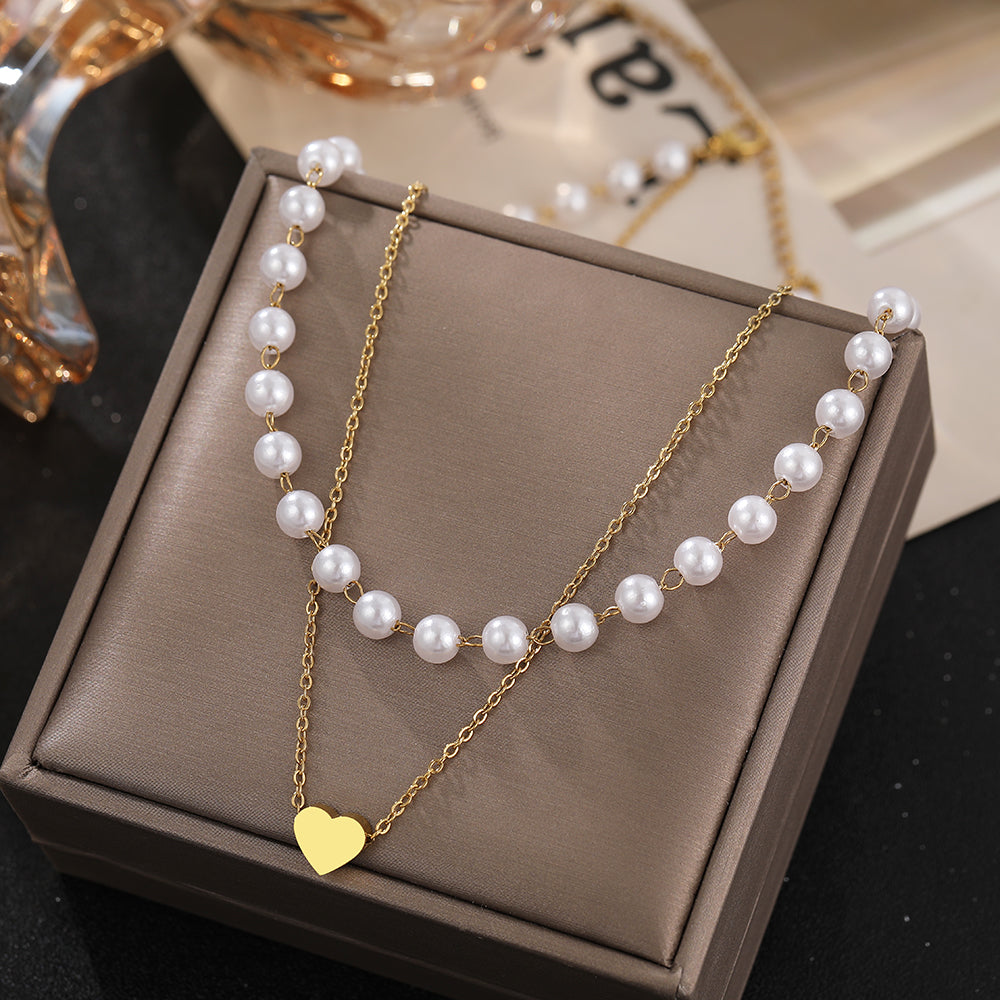 2pc Pearl & Heart Pendant Necklace Set