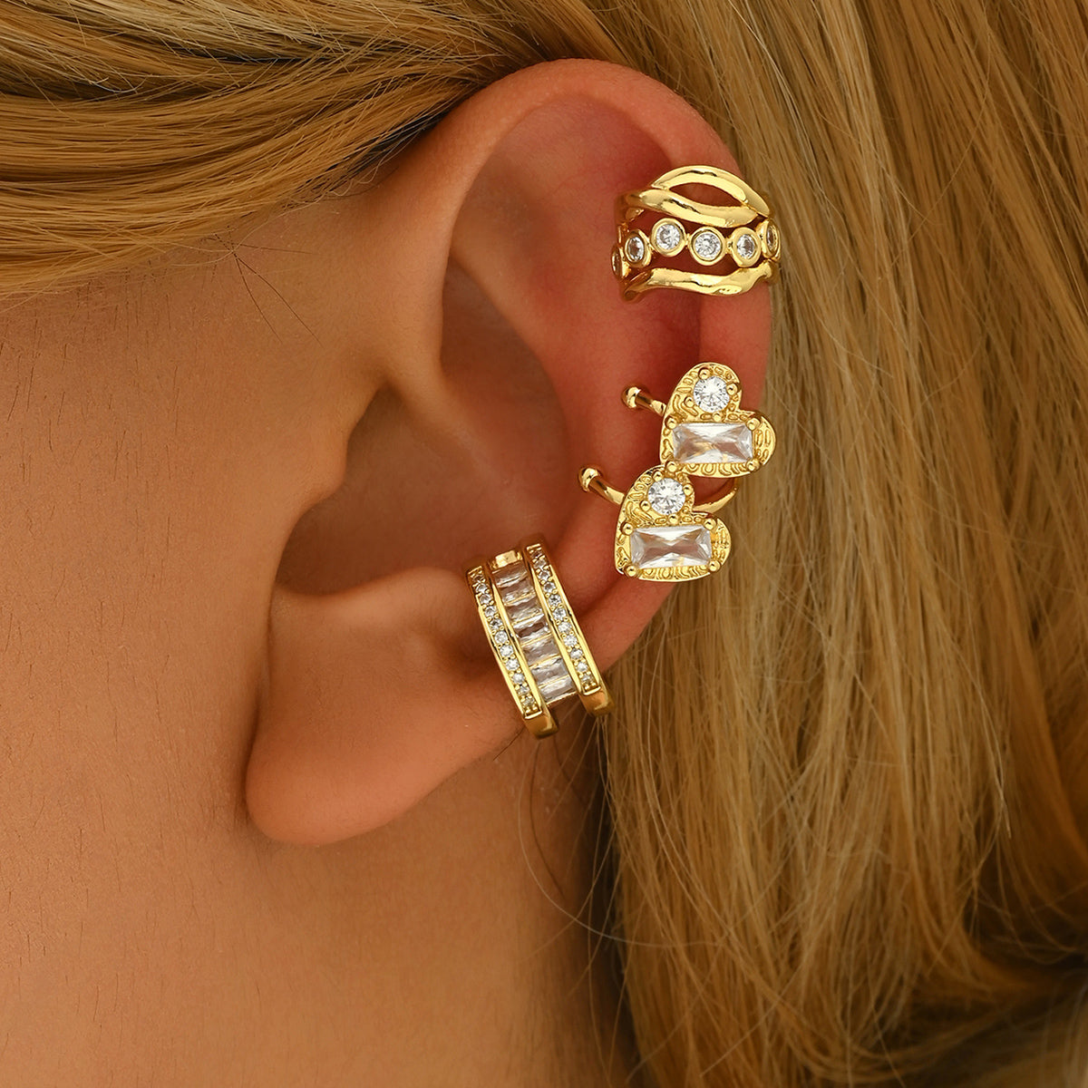 Set di 4 ear cuff in oro e cristallo