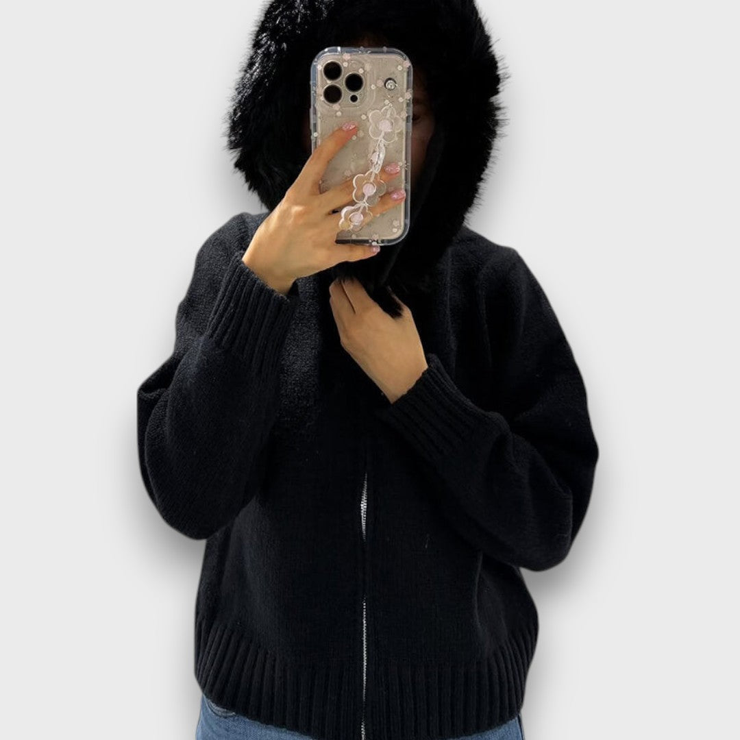 Alisanne – Giacca a maglia con zip e colletto in eco-pelliccia