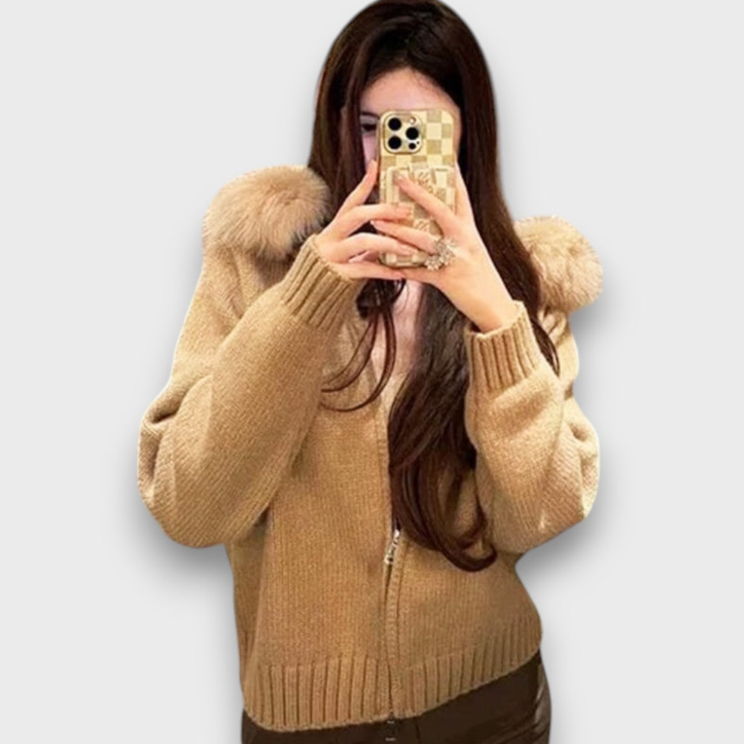 Alisanne – Giacca a maglia con zip e colletto in eco-pelliccia