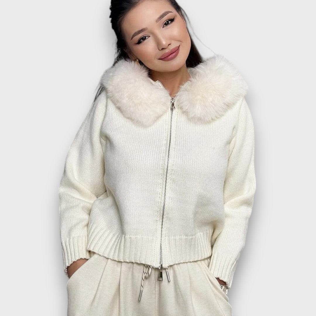Alisanne – Giacca a maglia con zip e colletto in eco-pelliccia