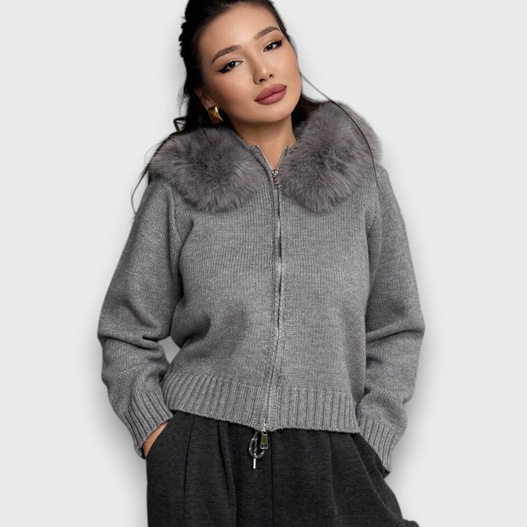 Alisanne – Giacca a maglia con zip e colletto in eco-pelliccia