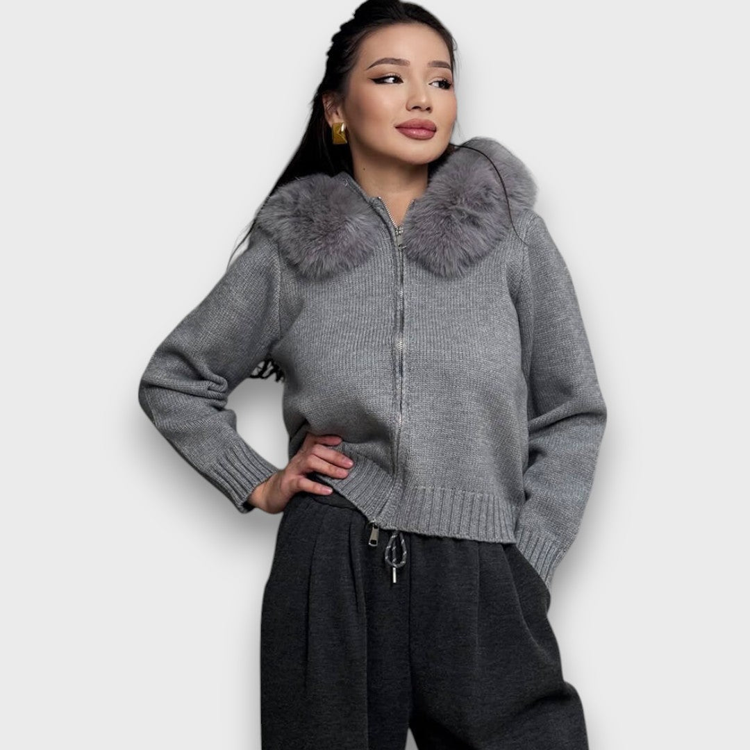 Alisanne – Giacca a maglia con zip e colletto in eco-pelliccia