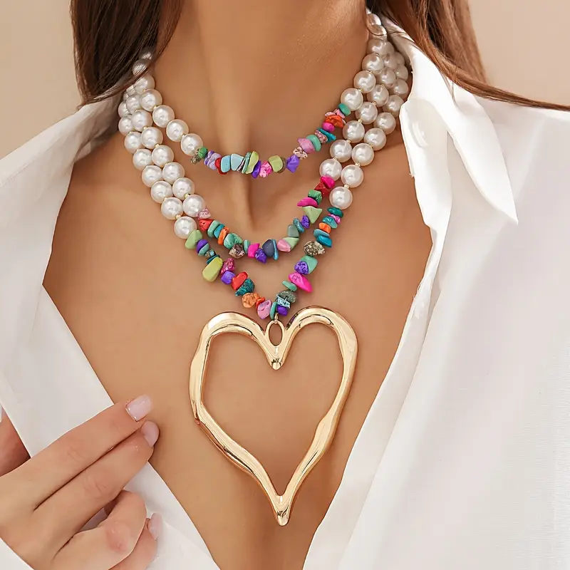 Colourful Pearl Heart Layered Necklace