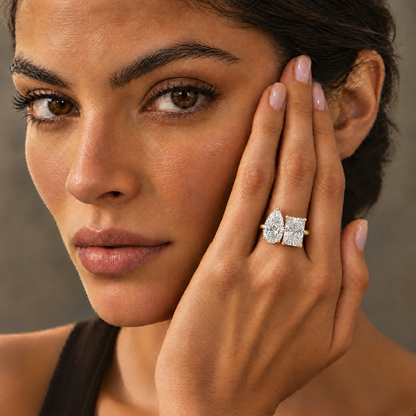 Model wearing the Toi et Moi Pear & Radiant Ring