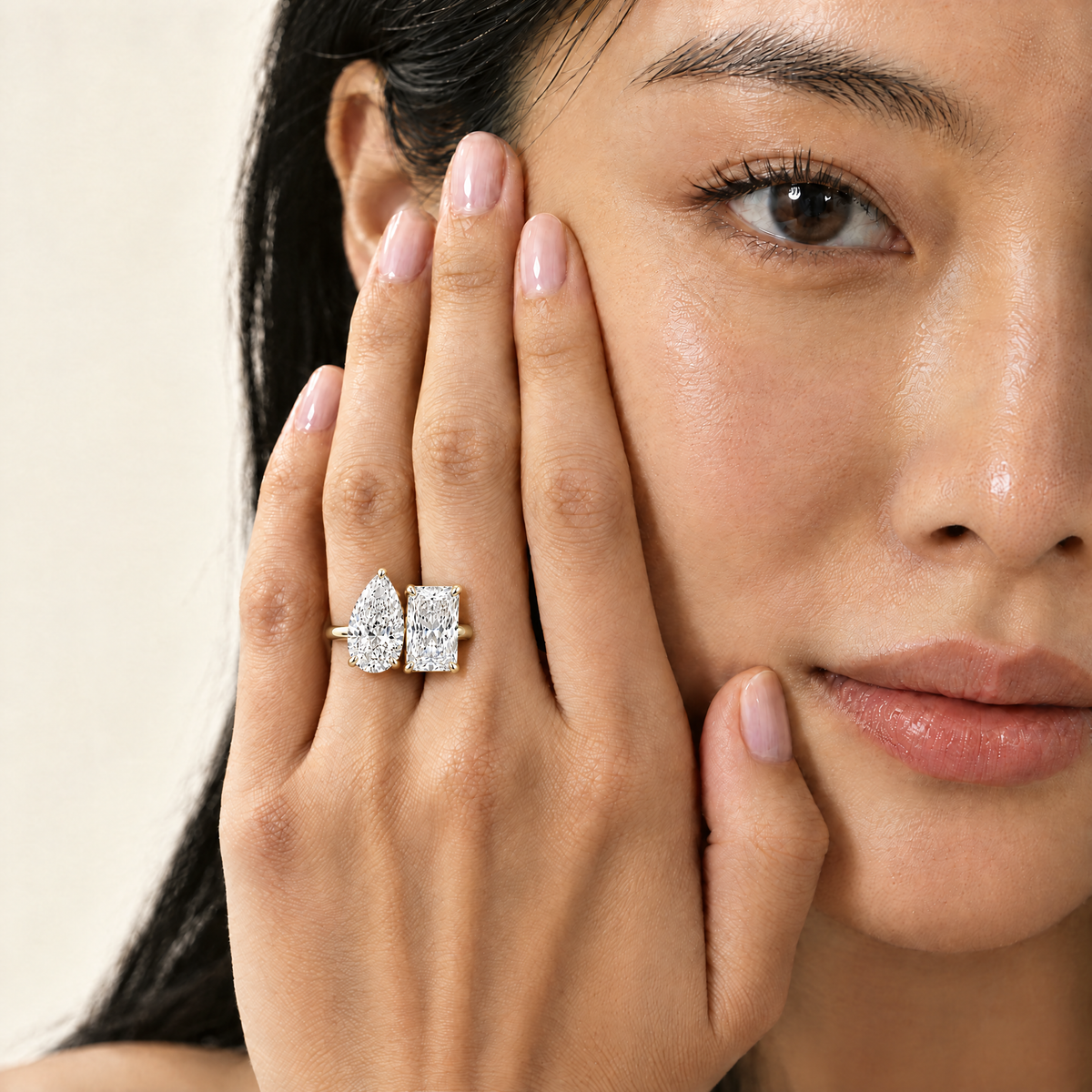 Model wearing the Toi et Moi Pear & Radiant Ring