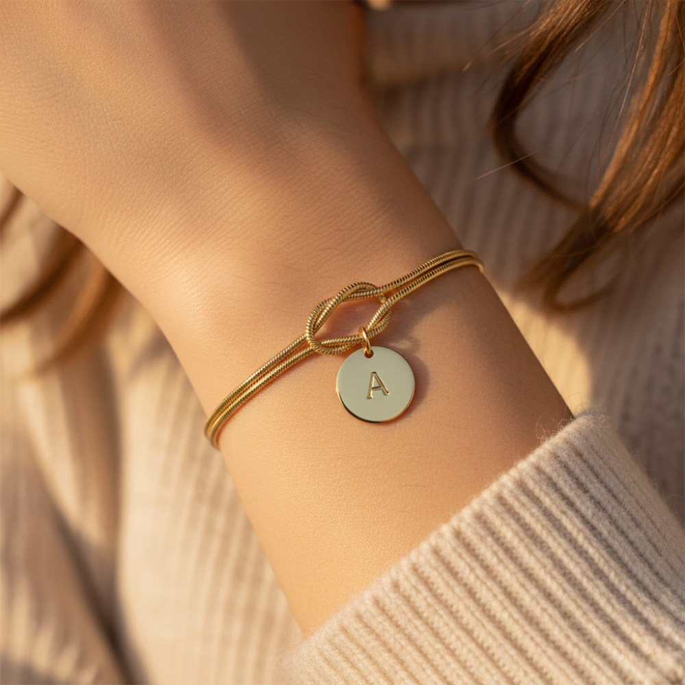 Dainty Love Knot Initial Bracelet Set