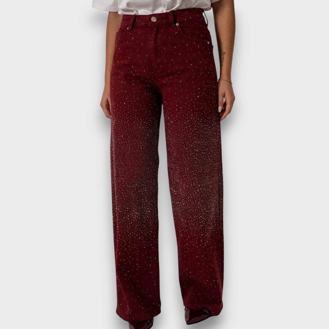 Marvie – Jeans a gamba larga con strass color Bordeaux