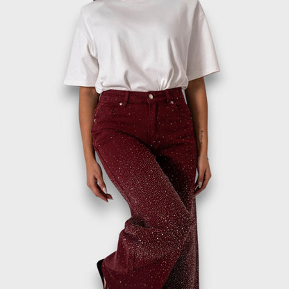 Marvie – Jeans a gamba larga con strass color Bordeaux