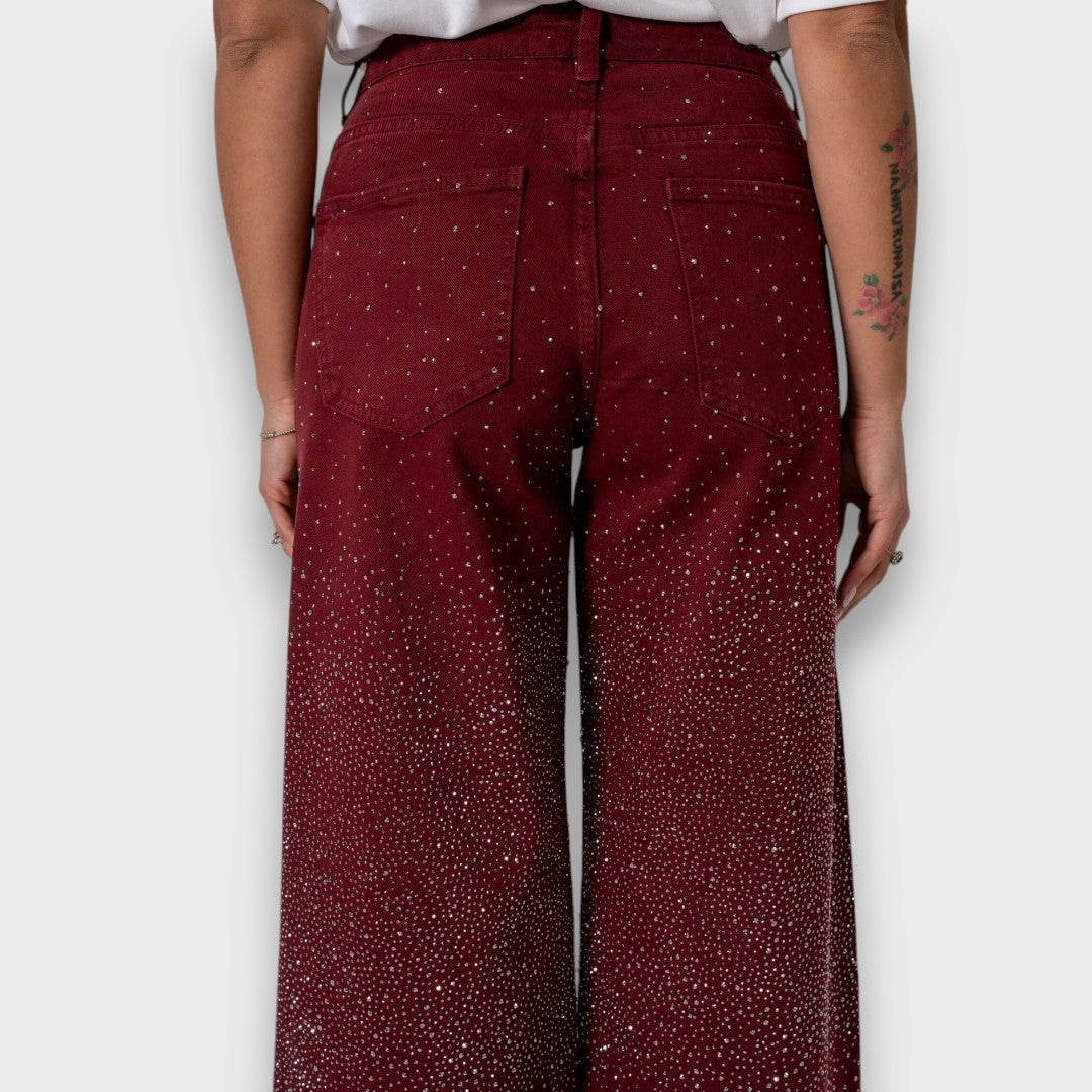 Marvie – Jeans a gamba larga con strass color Bordeaux