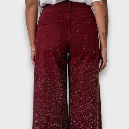 Marvie – Jeans a gamba larga con strass color Bordeaux