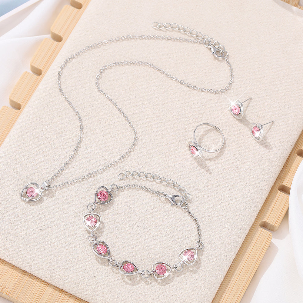 Set di gioielli con cristalli a forma di cuore in oro rosa, 4 pezzi