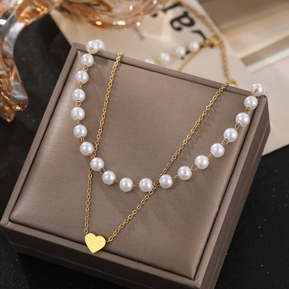 2pc Pearl & Heart Pendant Necklace Set