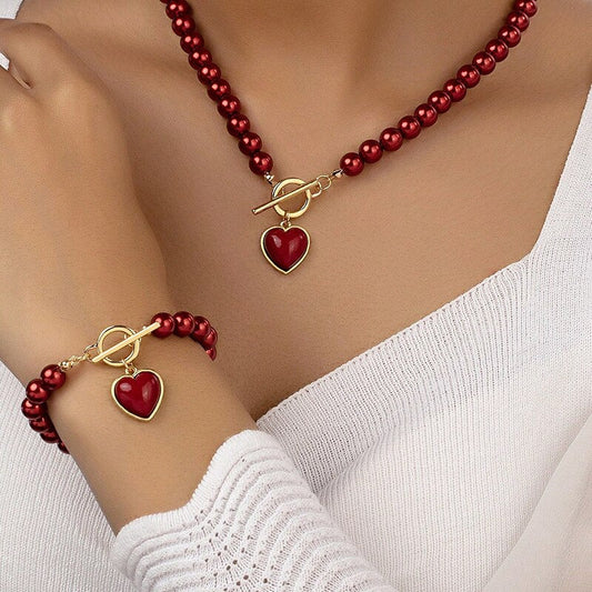 Set di gioielli con cuore in perla rossa 2 pezzi