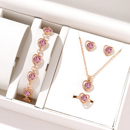 Set di gioielli con cristalli a forma di cuore in oro rosa, 4 pezzi