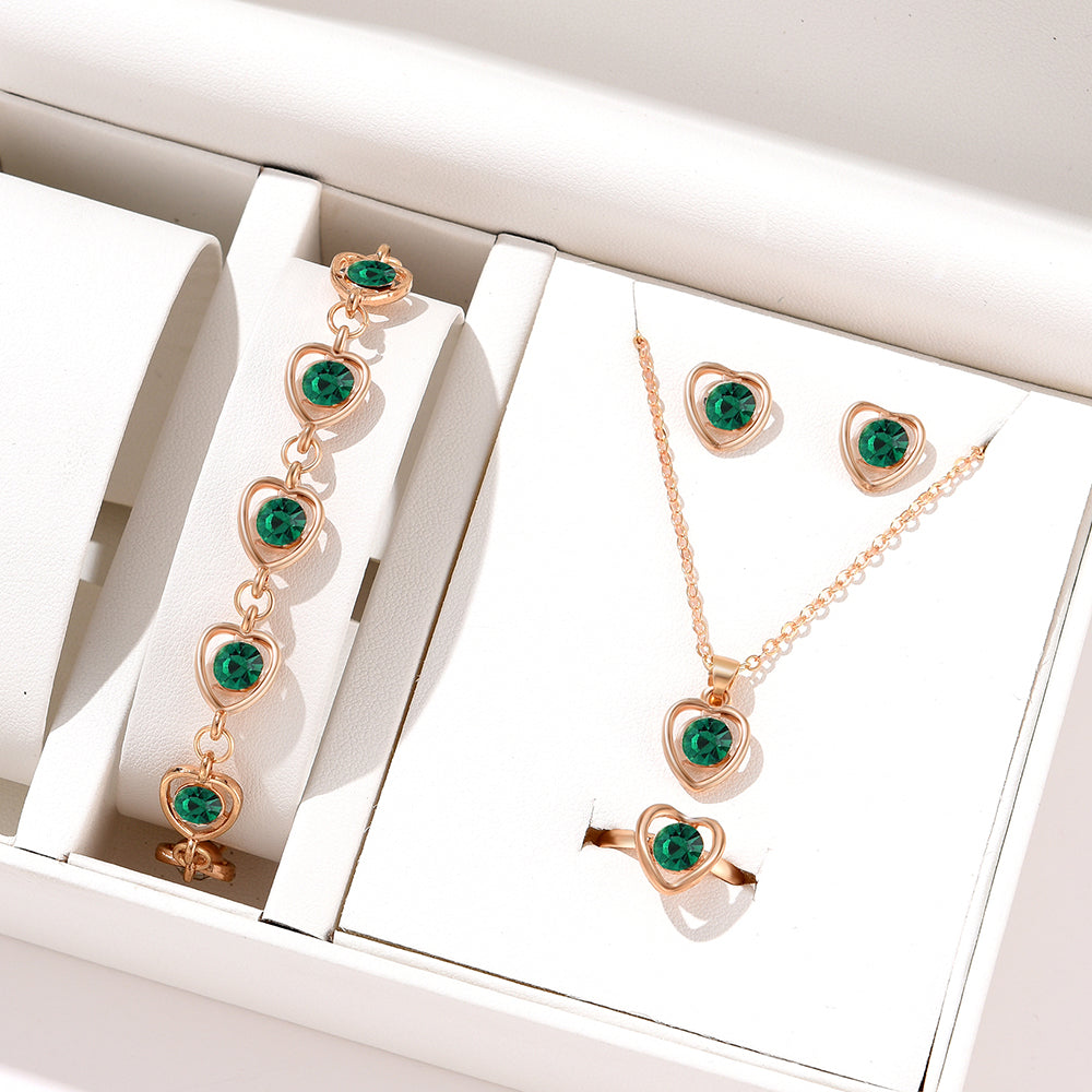 Set di gioielli con cristalli a forma di cuore in oro rosa, 4 pezzi