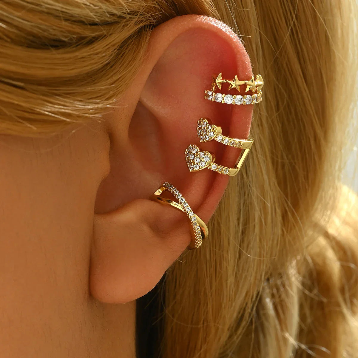 Set di 4 ear cuff a forma di stella e cuore
