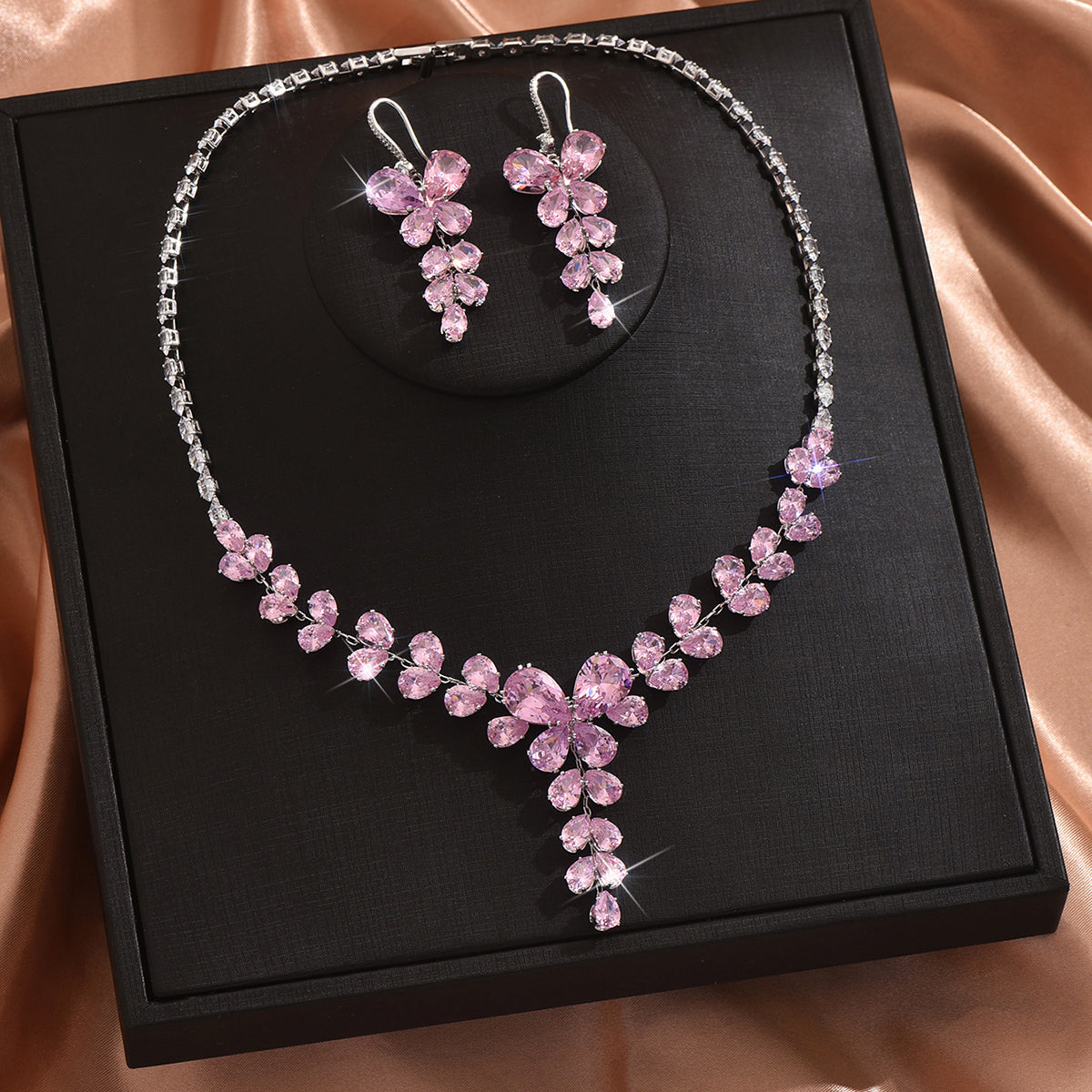 Set di gioielli con zirconi a foglia floreale, 3 pezzi