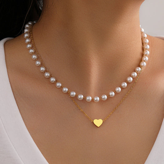 2pc Pearl & Heart Pendant Necklace Set