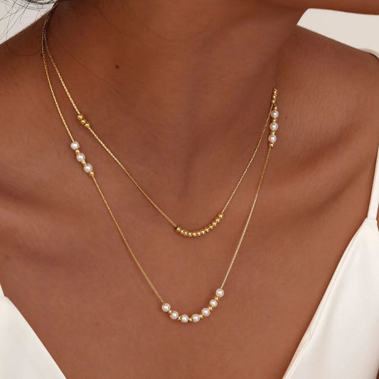 2pc Dainty Pearl & Gold Bead Necklace Set