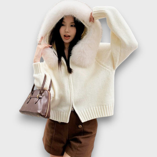 Alisanne – Giacca a maglia con zip e colletto in eco-pelliccia