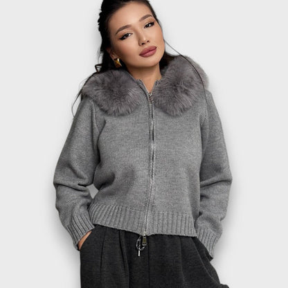Alisanne – Giacca a maglia con zip e colletto in eco-pelliccia
