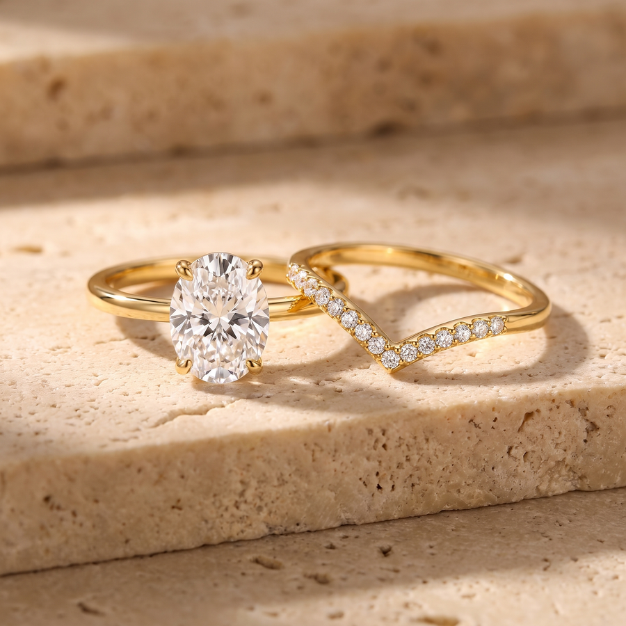 Classic Oval Solitaire Ring with the V Contour Pavé Band