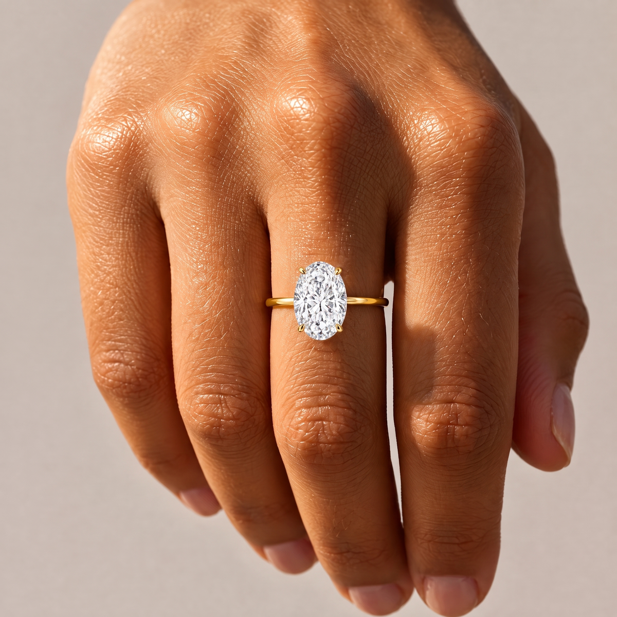 Grand Oval Solitaire Ring worn on the hand