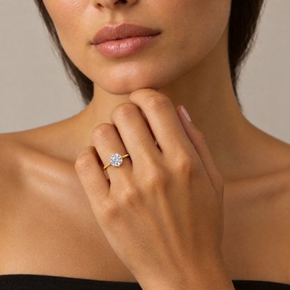 Round Solitaire Ring worn on the hand
