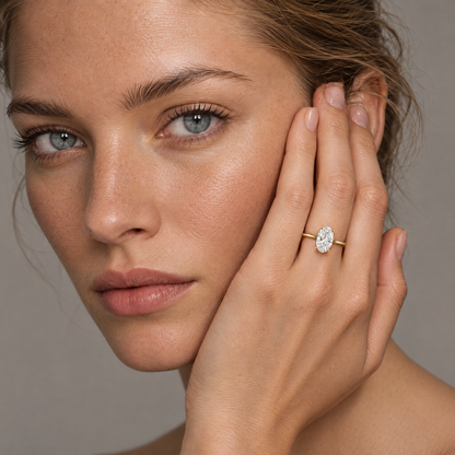 Classic Oval Solitaire Ring stacked with a thin stone-set band