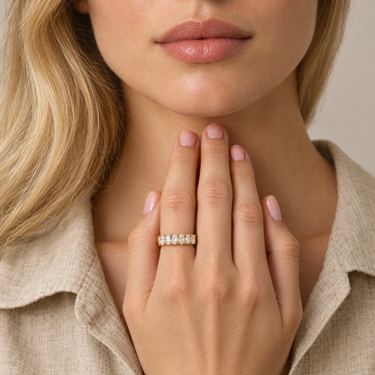 Oval Eternity Band Ring worn on the hand