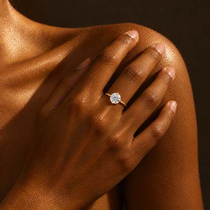 Round Solitaire Ring stacked with a thin stone-set band