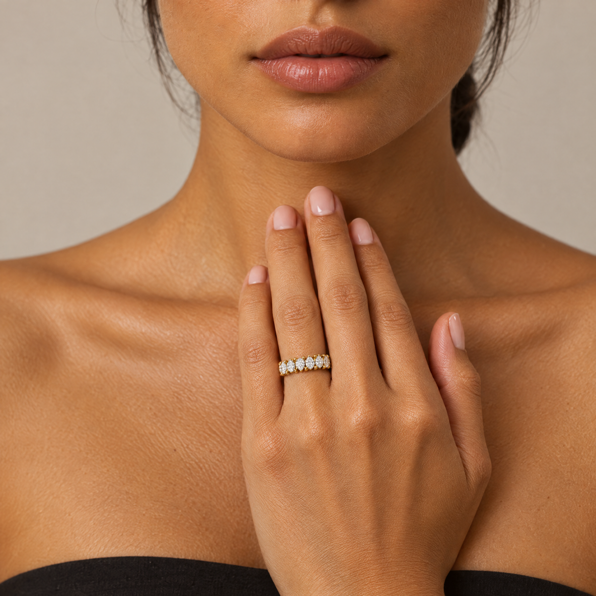 Pear Eternity Band Ring worn on the hand