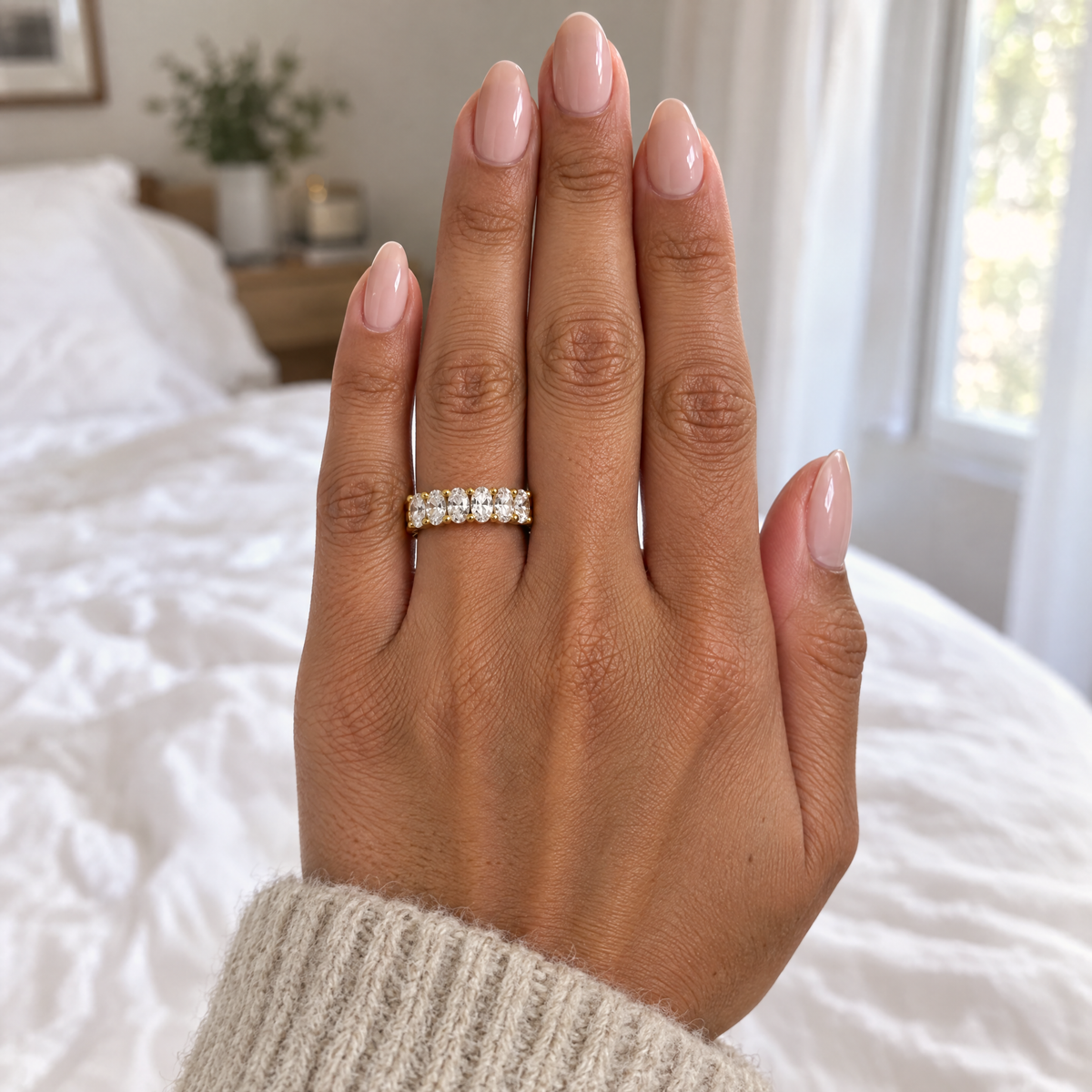 Oval Eternity Band Ring worn with a neutral outfit