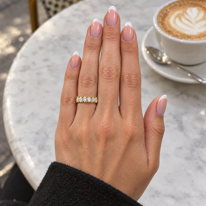 Pear Eternity Band Ring worn with a neutral outfit