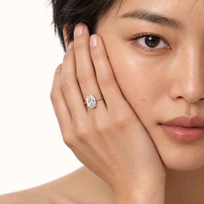 Classic Oval Solitaire Ring worn with a neutral outfit